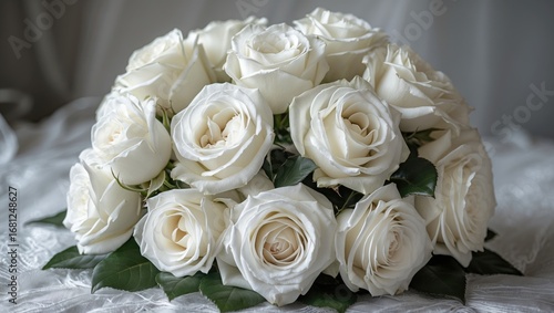 Beautiful white roses backdrop for wedding bouquet display