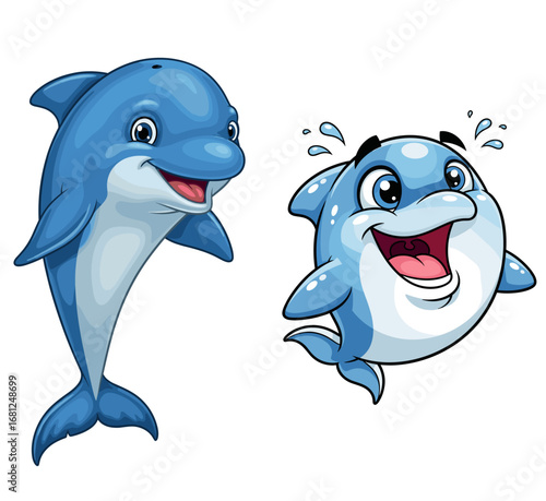 Two cartoon dolphins smile widely and express joy. Ocean, marine life, happiness, fun, illustration, cartoon, cute, sea, animal, mammal, playful