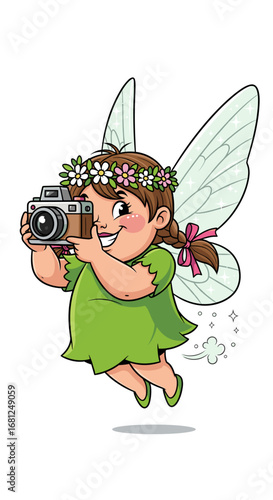 Cute fairy takes picture with camera. Fantasy, childlike, magic, innocence, illustration, wings, happiness, photography, whimsical, nature.