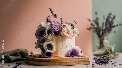 Vibrant asymmetrical cake with cream roses, lavender, and anemones, naturally presented on a wooden board with a bamboo podium
