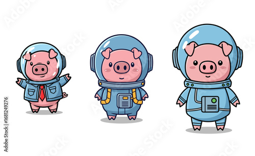 Pigs in spacesuits stand side by side. Cute cartoon, animal astronauts, cosmic adventure, interstellar, exploration, fun, childish
