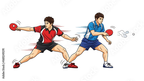 Ping Pong Duel: Dynamic illustration capturing the intensity of a table tennis match, showcasing a player's focused action and the high-speed motion of the ball. 