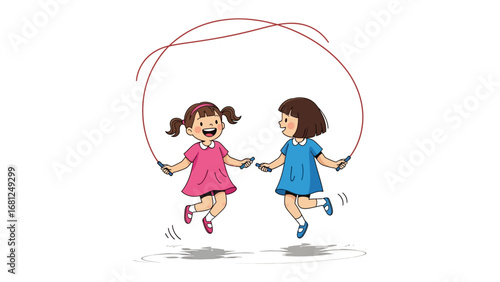 Joyful Jump: Two young girls skip, playing with a jump rope in a bright illustration of fun and friendship. This image captures the innocence of childhood.