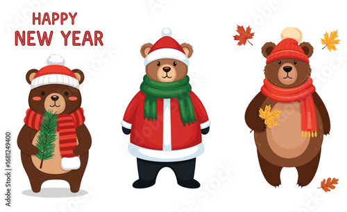 New Year bears dressed warmly celebrate. Cute animal friends, winter holiday, festive, celebration, cartoon, illustration, greeting card, joyful, adorable