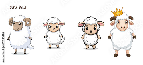 Cartoon sheep illustrations, cute farm animals. Sweet, animal, wool, lamb, character, fluffy, adorable, sheep, farm, crown, cartoon, mammal, drawing, livestock.
