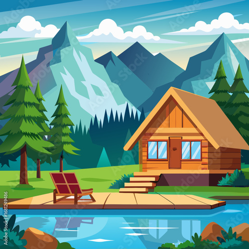 Cozy wooden cabin lakeside retreat with deck chairs and majestic mountain backdrop