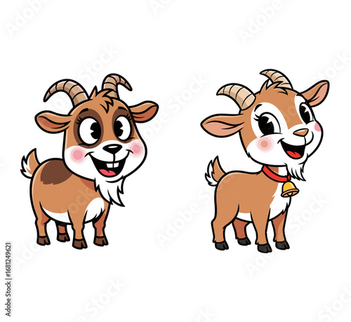 Two cartoon goats smiling playfully. Cute farm animals, happy, cheerful, funny mascots, comic art, animal illustration, cheerful, playful, character design