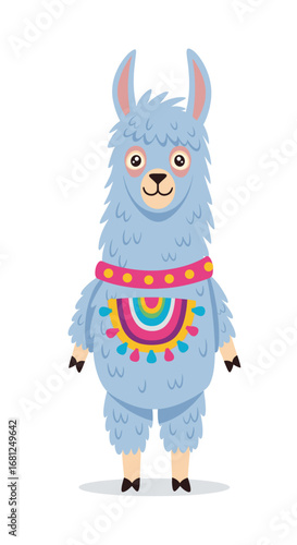 Cute llama stands with colorful poncho. Cartoon animal, funny, adorable, illustration, character, graphic, design, art, whimsical, happy, joyful