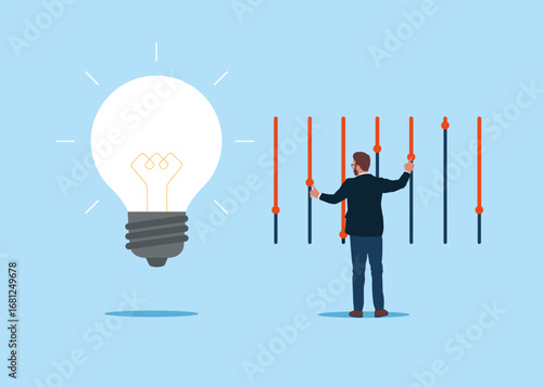 User adjusts various parameters light bulb. Customize settings, system adjust, control panel. Business vision and opportunity, discover new solution or idea, curiosity, searching for success concept