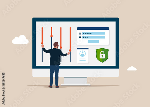 User businessman customize settings on monitor. User interface customization, programming. Creating personal pages. Flat modern vector illustration.