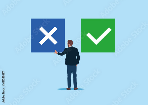Businessman choosing button NO. Choice, problem and decision concept. Flat vector illustration.