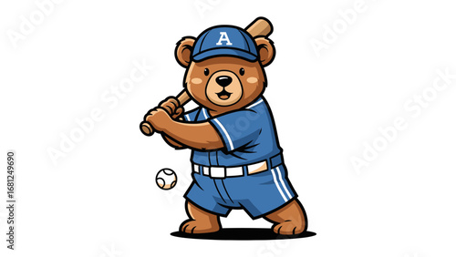 Baseball Bear: A charming illustration depicts a bear character dressed in a baseball uniform, poised to hit a ball with a bat. It's a playful representation of sportsmanship and fun.