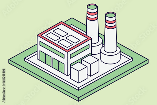 Isometric illustration of a factory building with smokestacks and cubes industrial chimneys