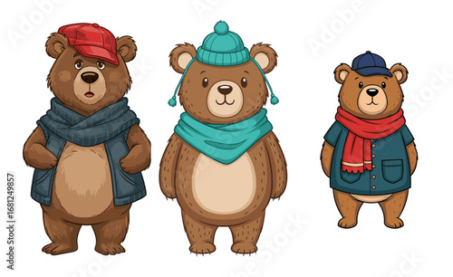 Cartoon bears wearing winter hats and scarves. Animals, cute, funny, christmas, holiday, fashion, style.