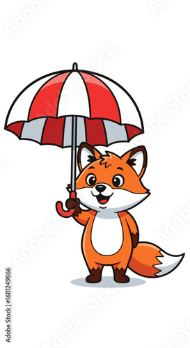 Cartoon fox happily holds umbrella. Character, cute, fun, joyful, whimsical design for kids
