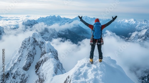 Adventurous hiker standing on snowy mountain peak with arms raised celebrating victory in high altitude landscape covered in clouds and rugged snow-capped mountains