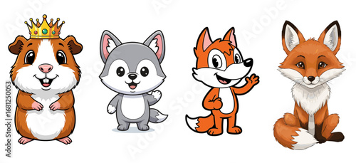 Cute cartoon animals stand cheerfully. Animal characters, wildlife, drawing, illustration, friendly, kawaii, adorable, mascot, happy, pet, fantasy