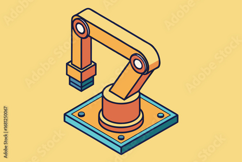 Isometric illustration of a robotic arm on a yellow background automation industry