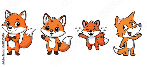 Cartoon foxes standing and waving. Cute, cheerful animal characters, animation, illustration, friendly, playful, fun, positive, comical, adorable, mascot