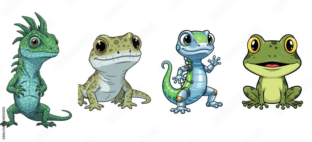 Fototapeta premium Cute cartoon reptiles and amphibian characters pose. Whimsical mascot animals, fantasy illustration, nature, wildlife, cartoon animal, lizard, frog, amphibian.