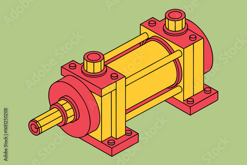 Isometric illustration of a hydraulic cylinder mechanism machinery equipment