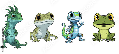 Cute cartoon reptiles and amphibian characters pose. Whimsical mascot animals, fantasy illustration, nature, wildlife, cartoon animal, lizard, frog, amphibian.