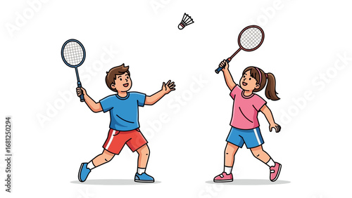 Badminton Bliss: A playful illustration depicts two young children joyfully engaged in a lively badminton match, a testament to active lifestyles and healthy competition.