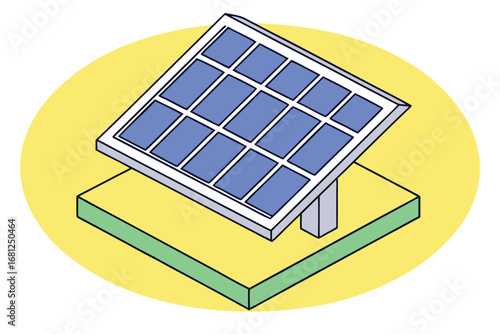 Isometric illustration of a solar panel on a green platform within a yellow circle solar energy