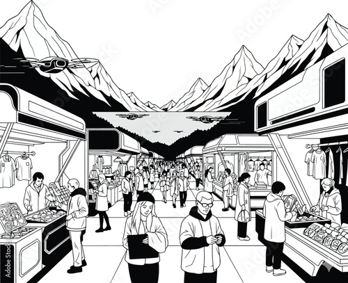 City: A futuristic, line art illustration of a city with sleek buildings, hovering drones, and people shopping in a market, combining urban life and sci-fi.