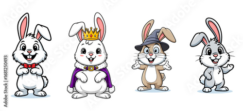 Cartoon rabbits pose in costume. Fun, animals, character design, mascot, illustration, cute, furry, king, wizard, friendly, happy, bow tie