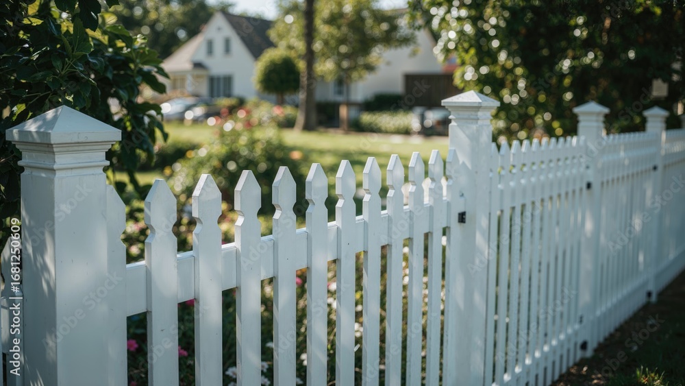 White Plastic Boundary Around Front Garden in a Quiet Village, Focus on Fence White Plastic Boundary Around Front Garden in a Quiet Village, Focus on Fence