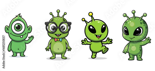 Cartoon alien characters pose cheerfully. Friendly space creatures, green extraterrestrials, cute, funny, sci-fi, fantasy