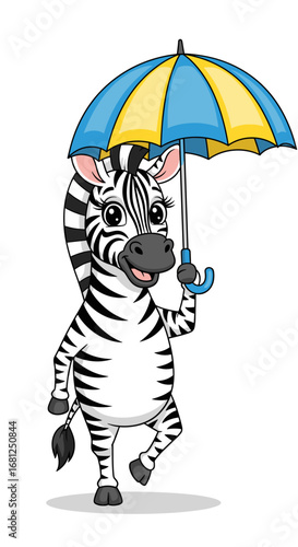Zebra holds umbrella in the rain. Cartoon character sheltering from weather, using protection. Animal, weather, illustration, safety, protection, cute, cartoon, happy.