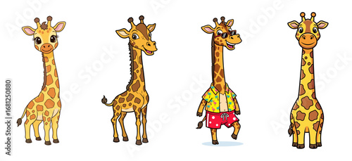Cartoon giraffes stand cheerfully. Animal, wildlife, character, cheerful, happy, illustration, whimsical, cute, playful