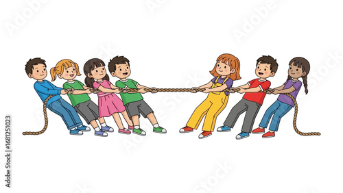 Tug-of-War: Young children engage in a spirited game of tug-of-war, showcasing teamwork and friendly competition, all captured in vibrant illustration.