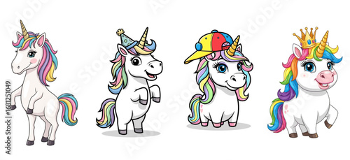 Unicorns posing with hats and crowns. Fantasy, mythical creature, rainbow mane, magical, character, cute, whimsical, cheerful, happy, cartoon.