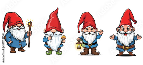 Cartoon gnomes with red hats pose. Fantasy, whimsical, fairytale, magic, character design, cheerful, happy, garden, decoration, art, illustration.