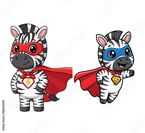 Zebras dressed as superheroes stand tall. Cartoon character, animal hero, comic book, red cape, brave, strong, adorable, fun