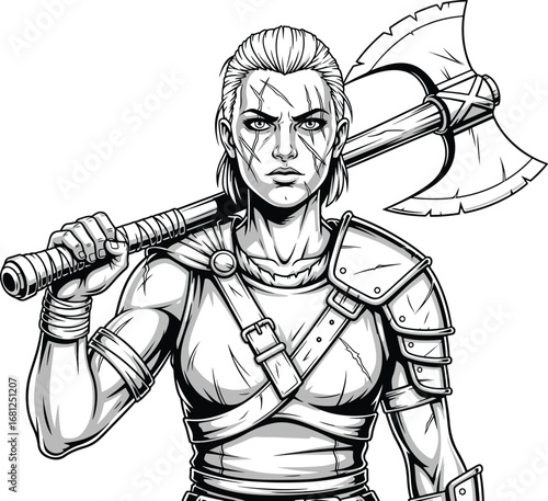 Warrior: A powerful line art illustration of a female warrior with battle scars and an axe over her shoulder, in a classic fantasy style.