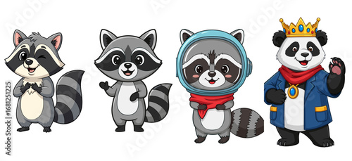 Cute cartoon animals illustration: raccoon winks, waves, wears space helmet, panda king.  Adorable, comic, wildlife, character, funny