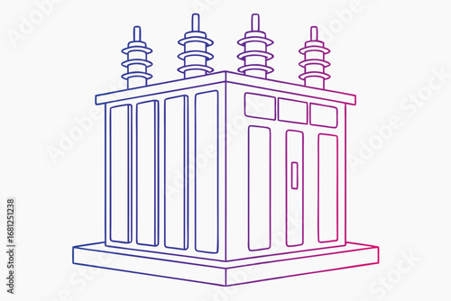 Isometric line drawing of an electrical transformer with a gradient of purple to pink power