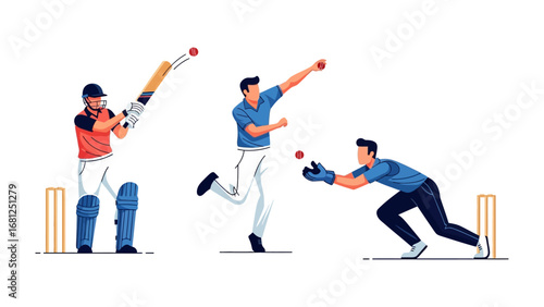 Dynamic Cricket Action: A vibrant illustration captures the essence of cricket, showcasing a batter, bowler, and wicketkeeper in full swing.