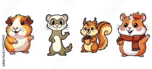 Cute cartoon animals pose with friendly expressions. Whimsical, funny, character design, illustration, mascot, nature, adorable, squirrel, guinea pig, ferret