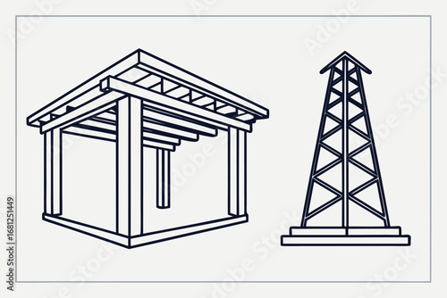 Isometric Line Drawing of Wooden Structure and Oil Derrick oil rig drilling rig