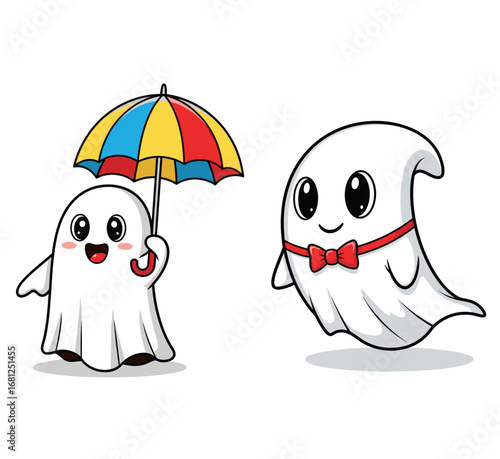 Ghosts hold umbrella, one in bow tie. Cartoon, cute spirits, whimsical, character design, Halloween, happy, friendly, playful