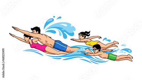 Family Swimming Together: A vibrant illustration depicts a family of four, enjoying a day of water and water sports. The joyful scene showcases unity and fun in aquatic activity.
