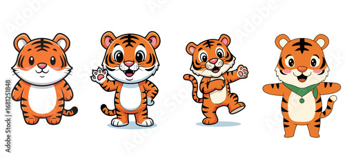 Cute cartoon tigers strike poses, cheerful characters. Animal, playful, mascot, happy, fun, wildlife, tiger, illustration