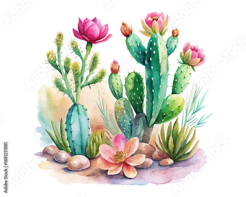 Watercolor Cactus and Desert Plants with Pink Flowers Isolated on White