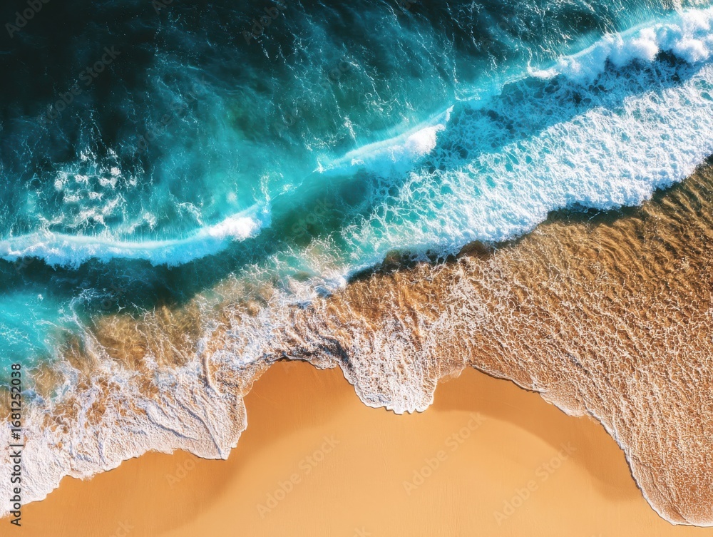 Obraz premium Aerial view of ocean waves crashing on sandy beach; turquoise water meets golden sand; tropical paradise from above
