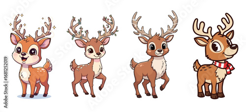 Four cute cartoon reindeer poses. Holiday animals, Christmas, winter, adorable, whimsical, fantasy, illustration